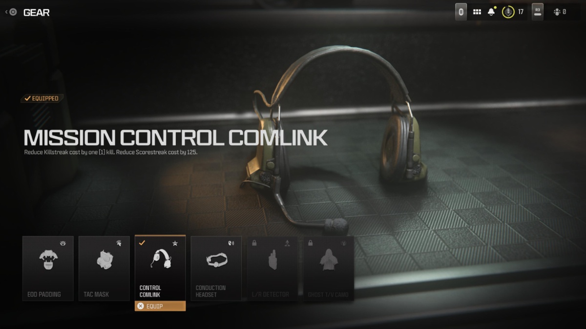 Mission Control Comlink in Gear selection screen in the Loadout menu in MW3