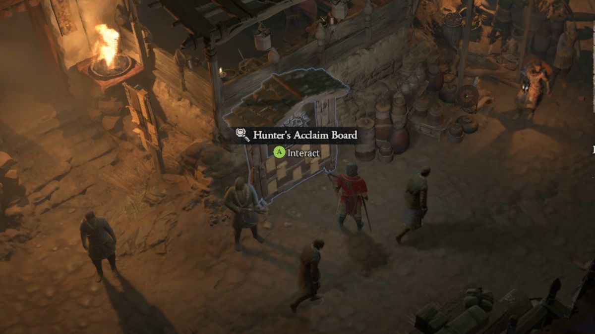 Player standing next to Hunter's Acclaim board in Ked Bardu during a Blood Harvest in Diablo 4 Season 2
