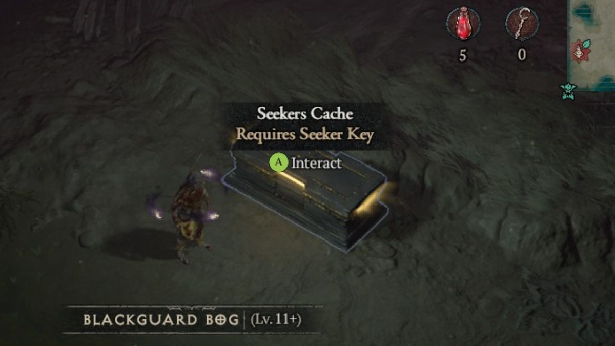Player standing next to Seekers Cache chest during Blood Harvest in Diablo 4 Season 2