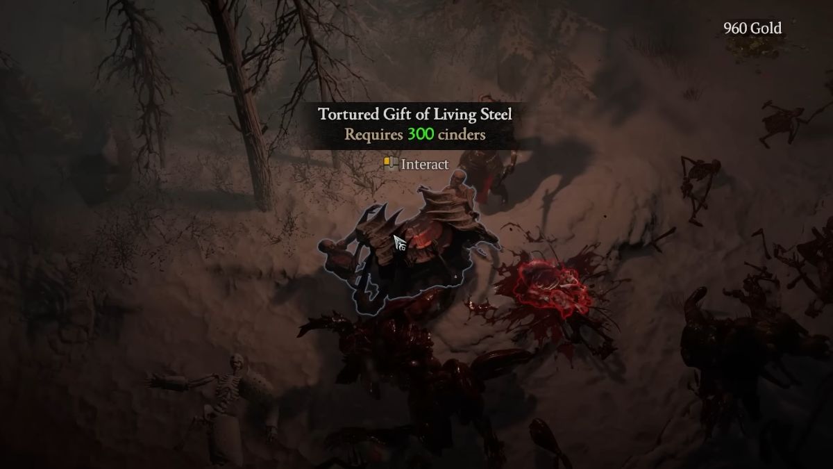 Người chơi đứng cạnh Gift of Torment của Rương thép sống trong Hell's Tides trong Diablo 4 Season 2