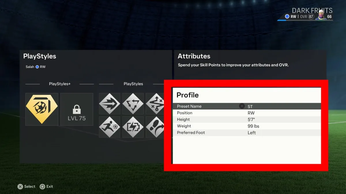 Profile Settings to change weight and height in Pro Clubs