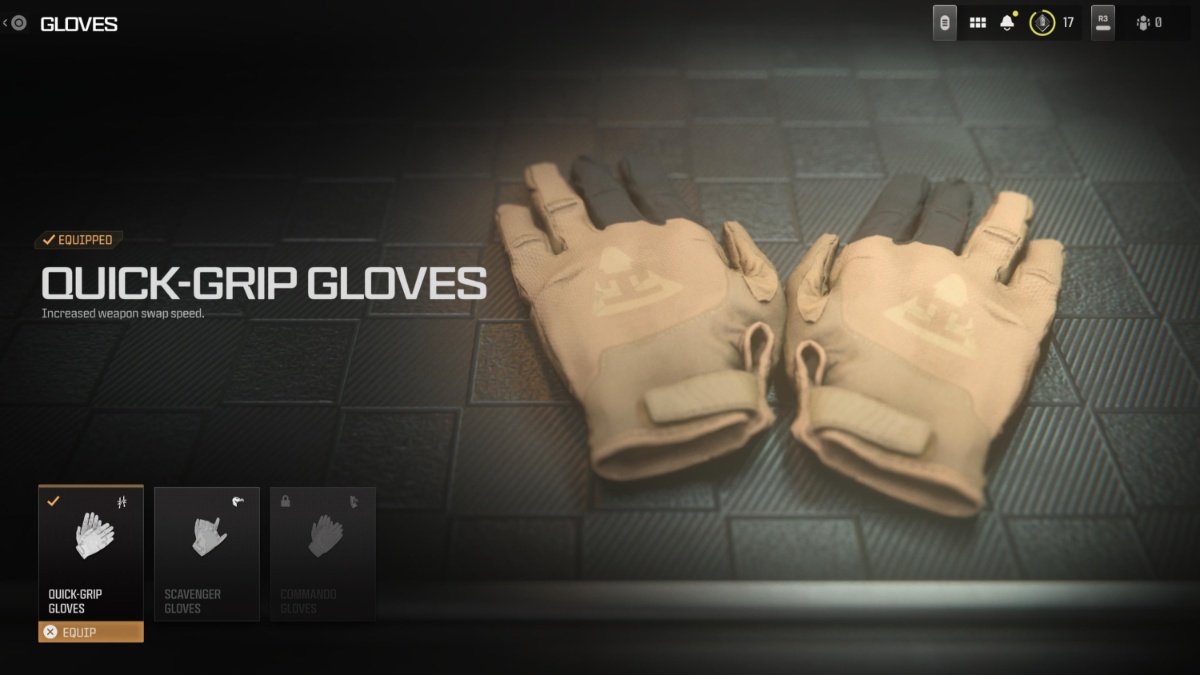 Quick-Grip Gloves in Gloves selection screen in the Loadout menu in MW3
