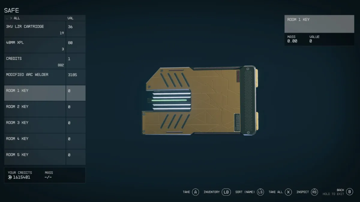 Room Keys in Safe inventory in Vulture's Roost in Starfield