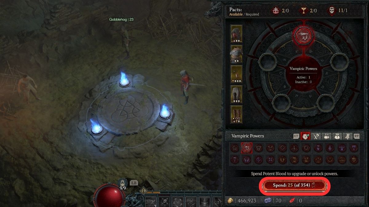 Selecting Spend Potent Blood to purchase Vampiric Powers in Character Menu in Diablo 4 Season 2