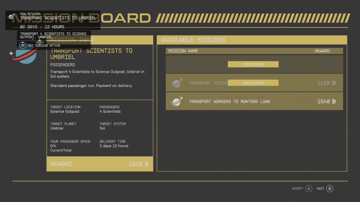 Selecting missions from the Mission Board in Starfield