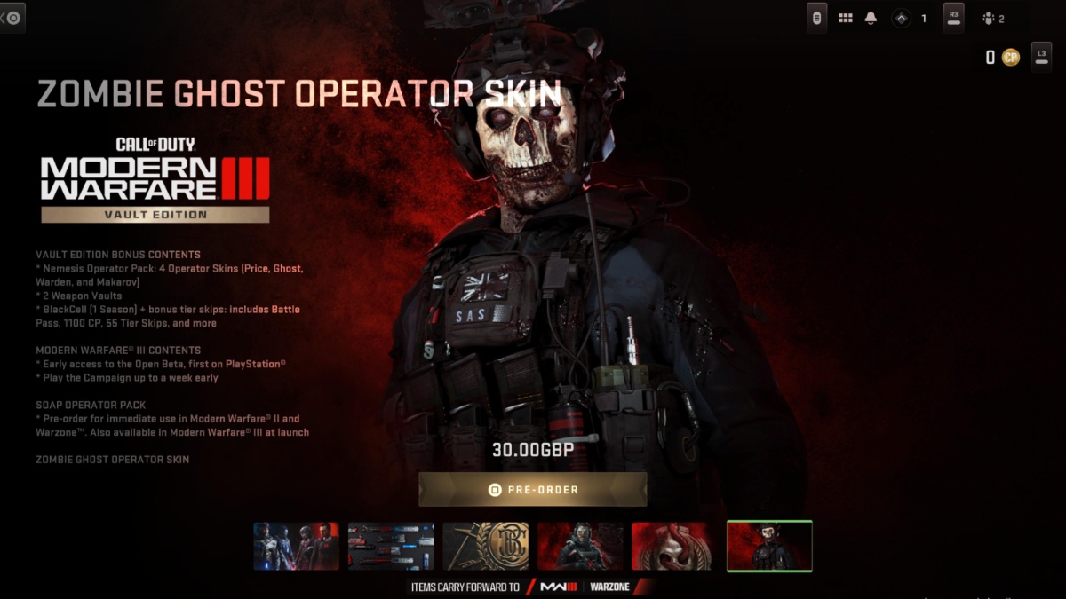 Zombie Ghost Operator Skin for MW3 Vault Edition in Call of Duty Menu