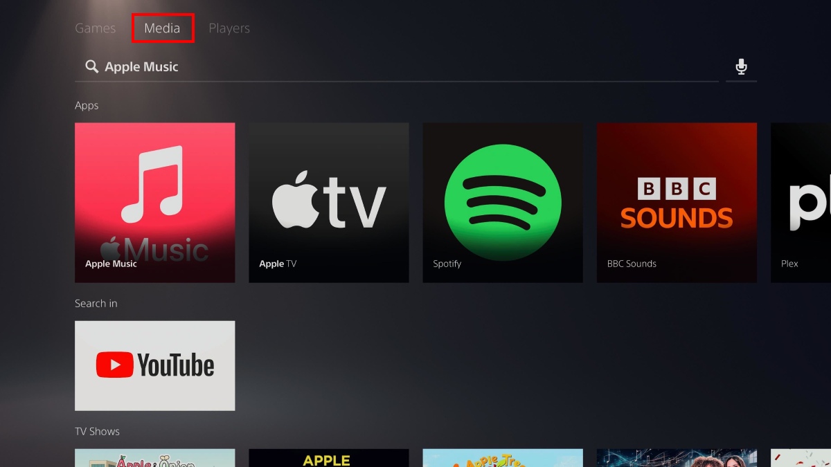 علامة تبويب الوسائط لتطبيق Apple Music PS5