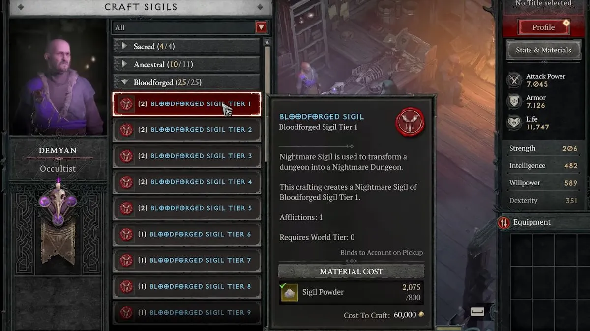 Crafting Bloodforged Sigil Tier 1 at the Occultist in Diablo 4 Season 2