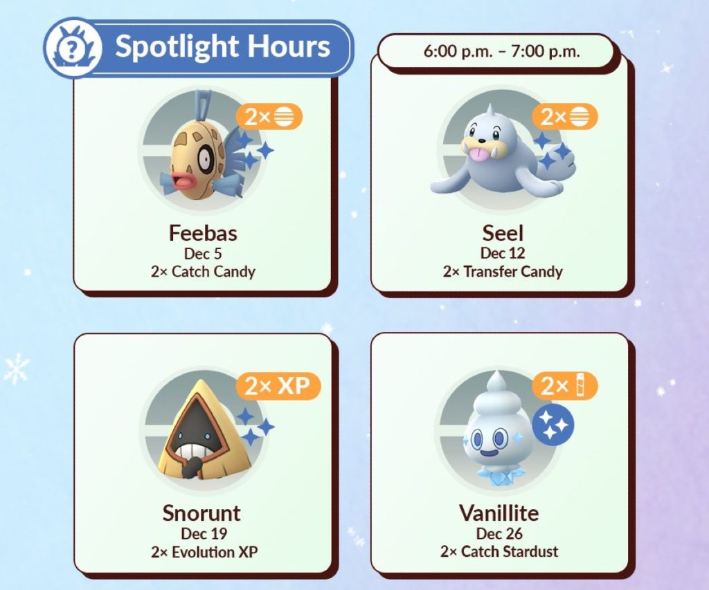 December 2023 Pokemon GO Spotlight Hour Schedule