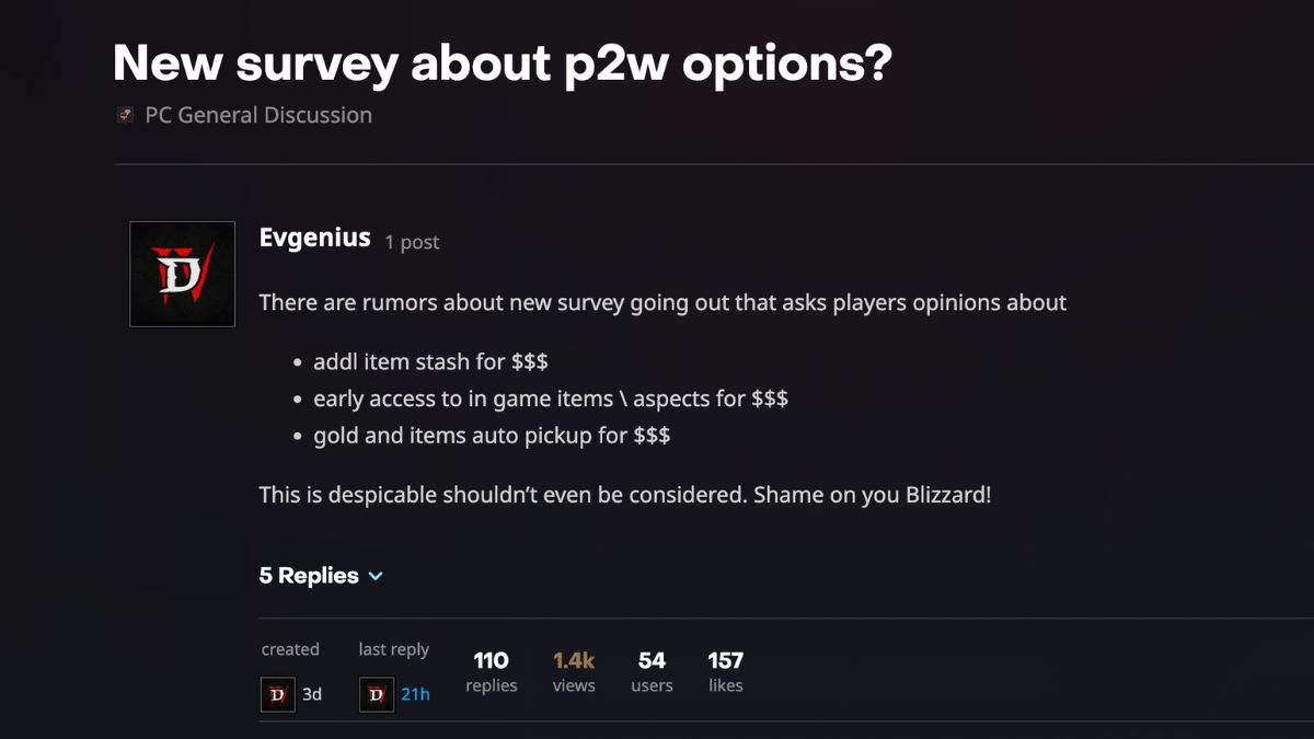 Diablo 4 Survey Leak Blizzard Forums Pay to Win