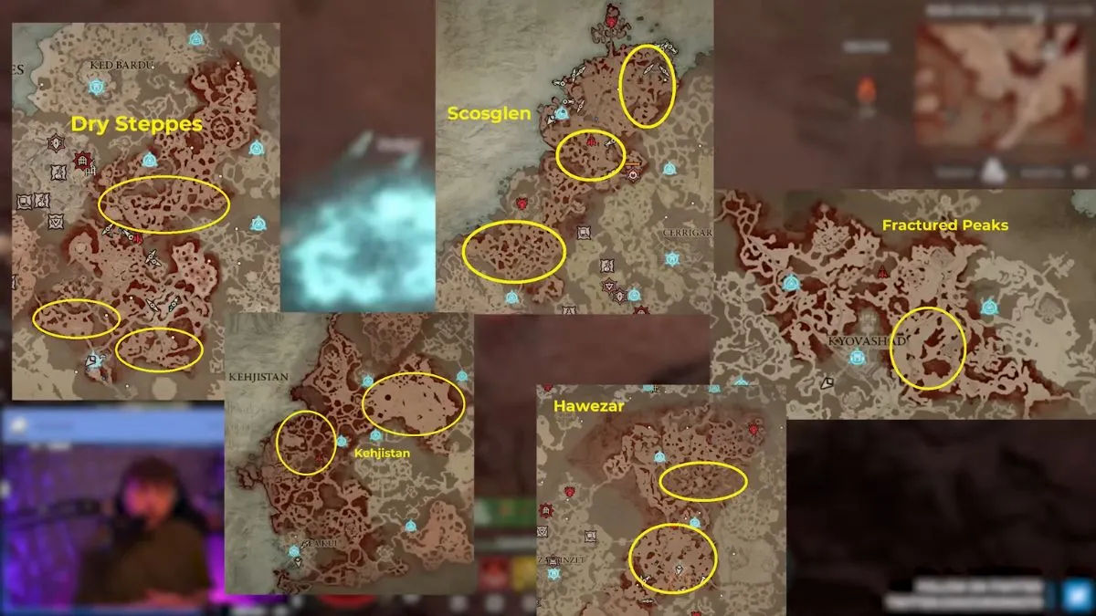High-Density Helltide mob spawn areas on the map in all five regions in Diablo 4