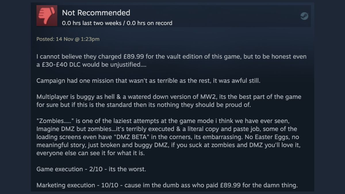 MW3 Steam Negative Review