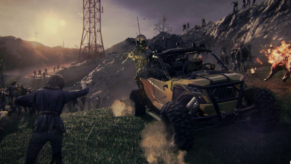 MWZ key art of payers driving a car and shooting at zombies