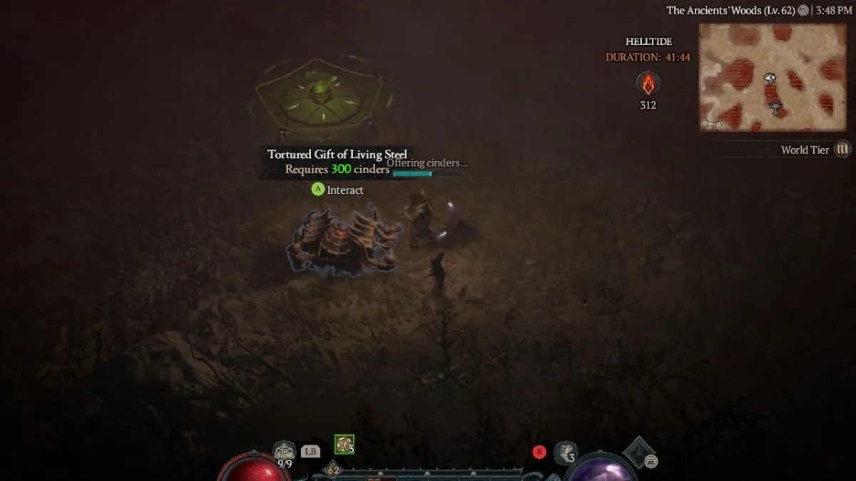 Player opening Tortured Gift of Living Steel with Aberrant Cinders during a Helltide in Diablo 4