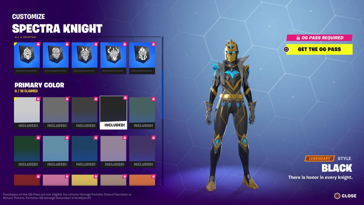 Spectra Knight Primary Color options Fornite OG Chapter 4 Season 5