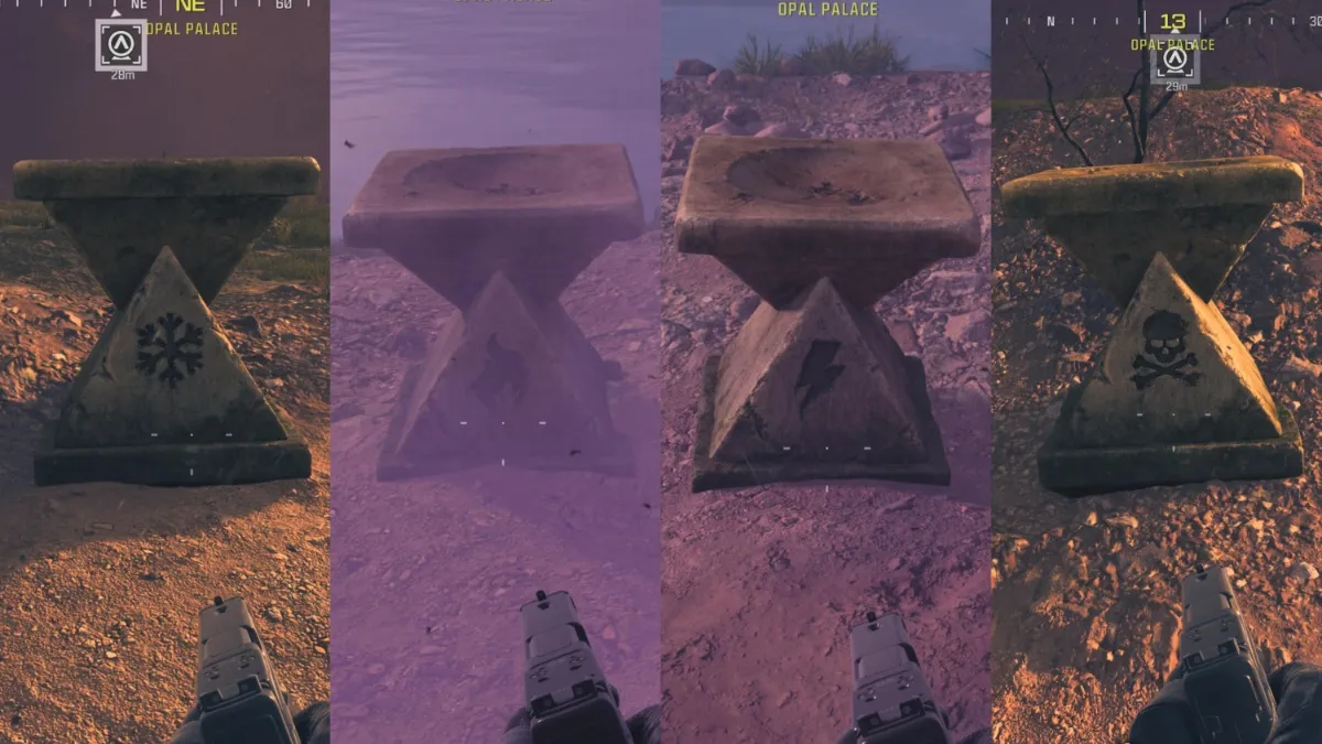 Collage of Rift Pedestals in MW3 Zombies Season 1 including Cryo, Napalm, Dead Wire, and Brain Rot
