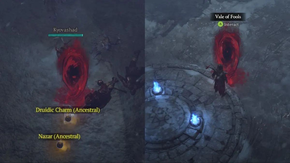 Collage of teleporting in and out of Kyovashad in Diablo 4