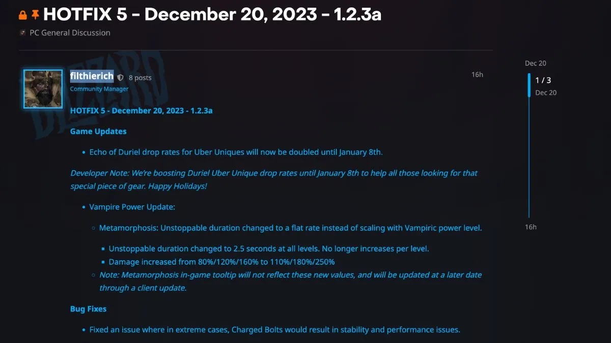 December 20 Hotfix 5 for Diablo 4 on Blizzard Forums
