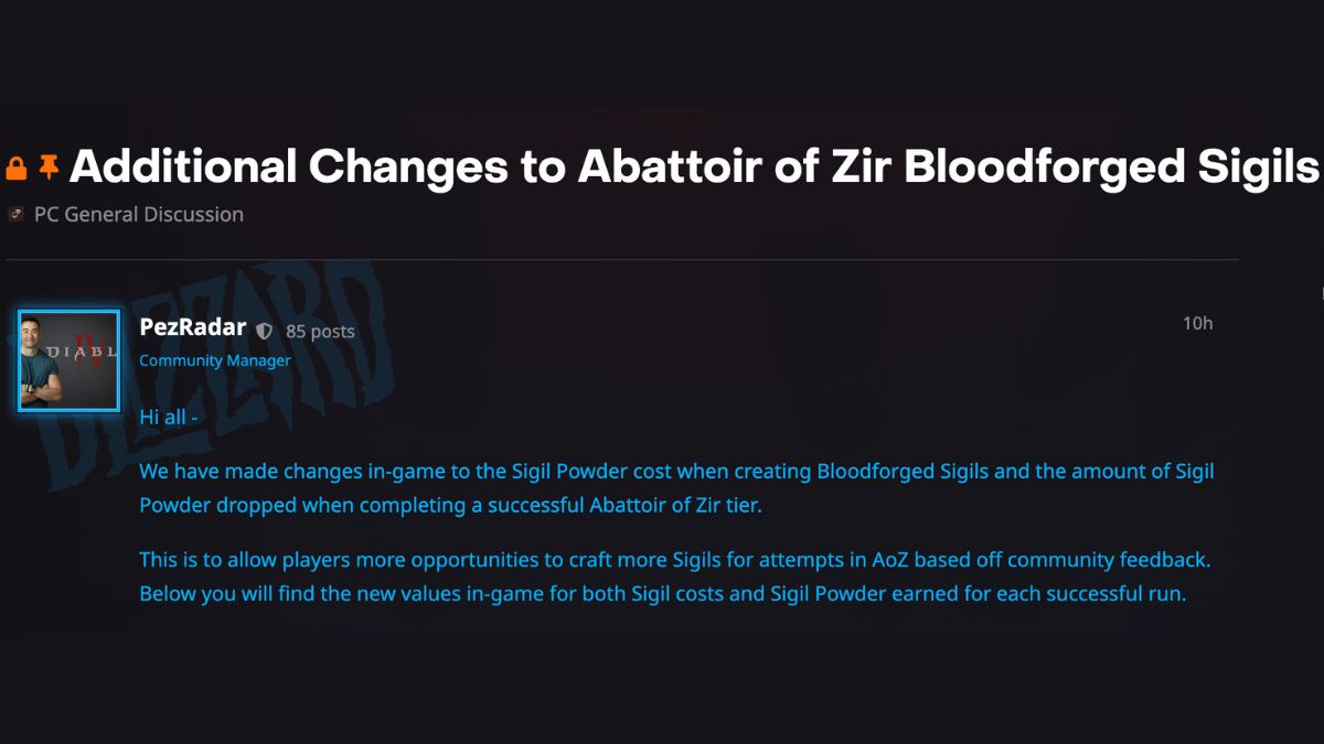 Diablo Community Manager Adam Fletcher Blizzard Forum Post on Bloodforged Sigil Hotfix
