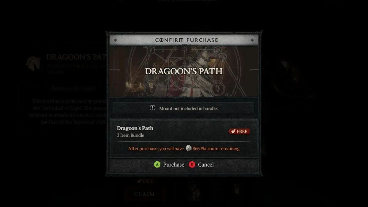 Dragoon's Path Mount Armor Bundle confirm purchase in Diablo 4