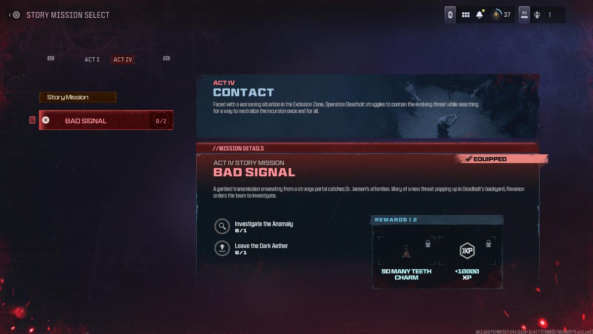 Equipping Bad Signal Act 4 Mission in MW3 Zombies Story Missions Menu