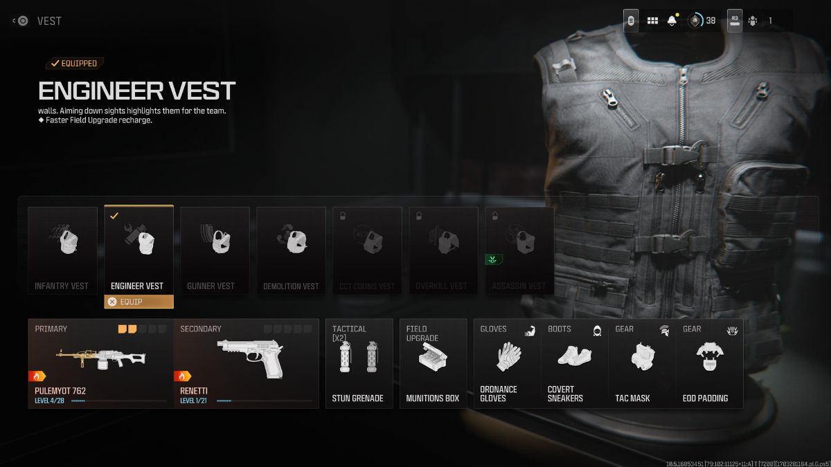 Equipping Engineer Vest in MW3 loadout menu