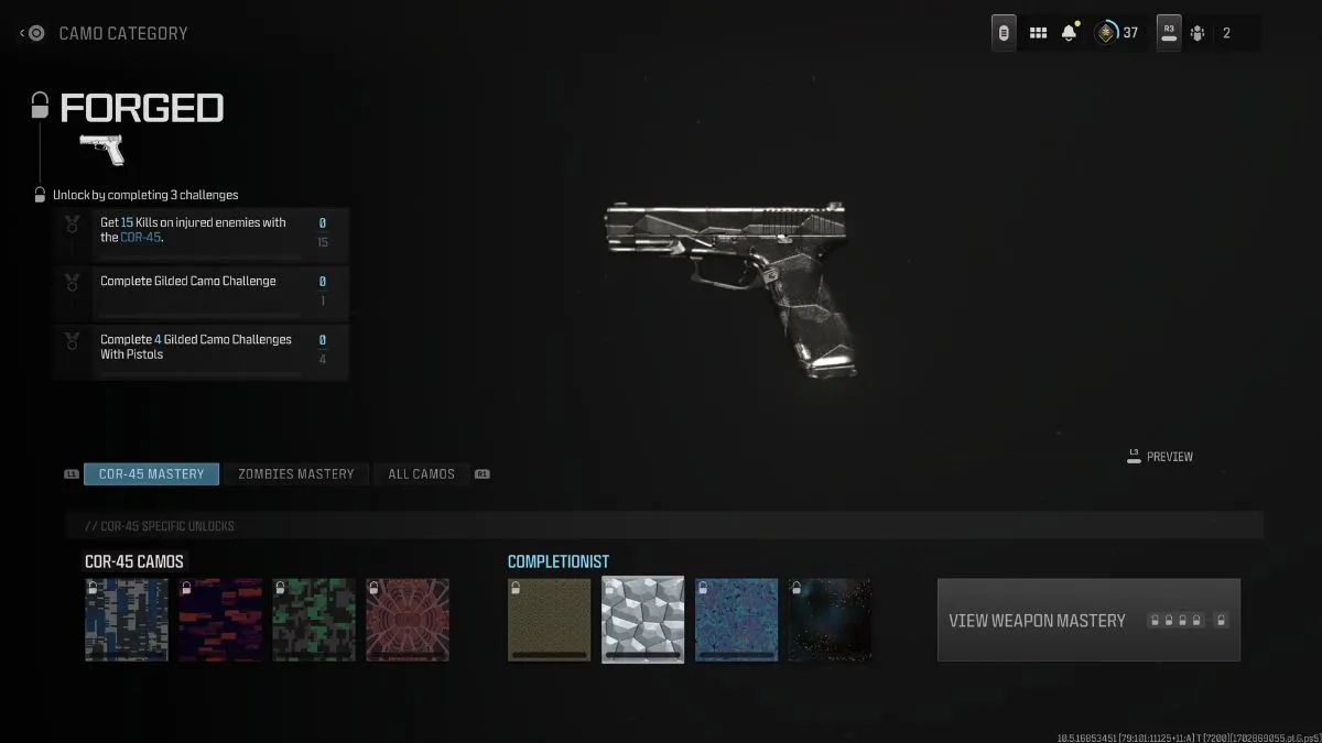 Forged Camo Mastery Challenges for COR-45 in MW3