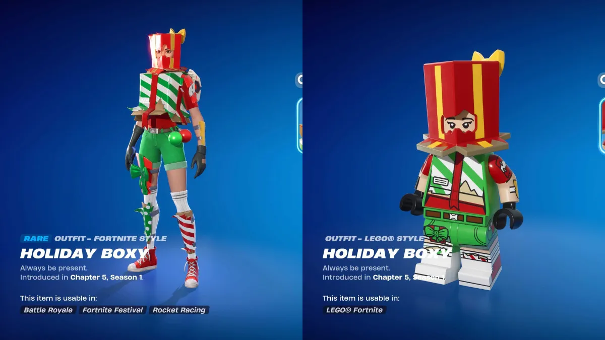 Both of the Fortnite Holiday Boxy outfits