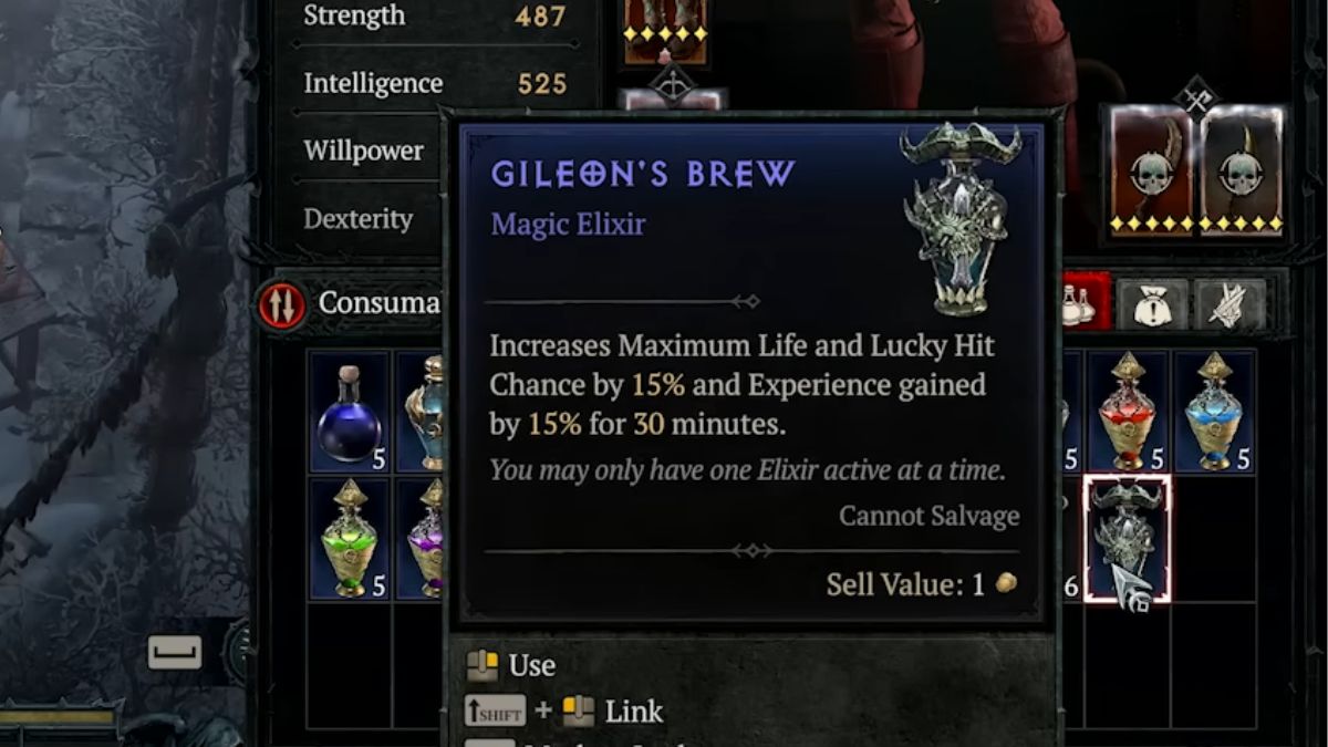 Gileon's Brew Elixir stats in menu in Midwinter Blight event in Diablo 4 Season 2