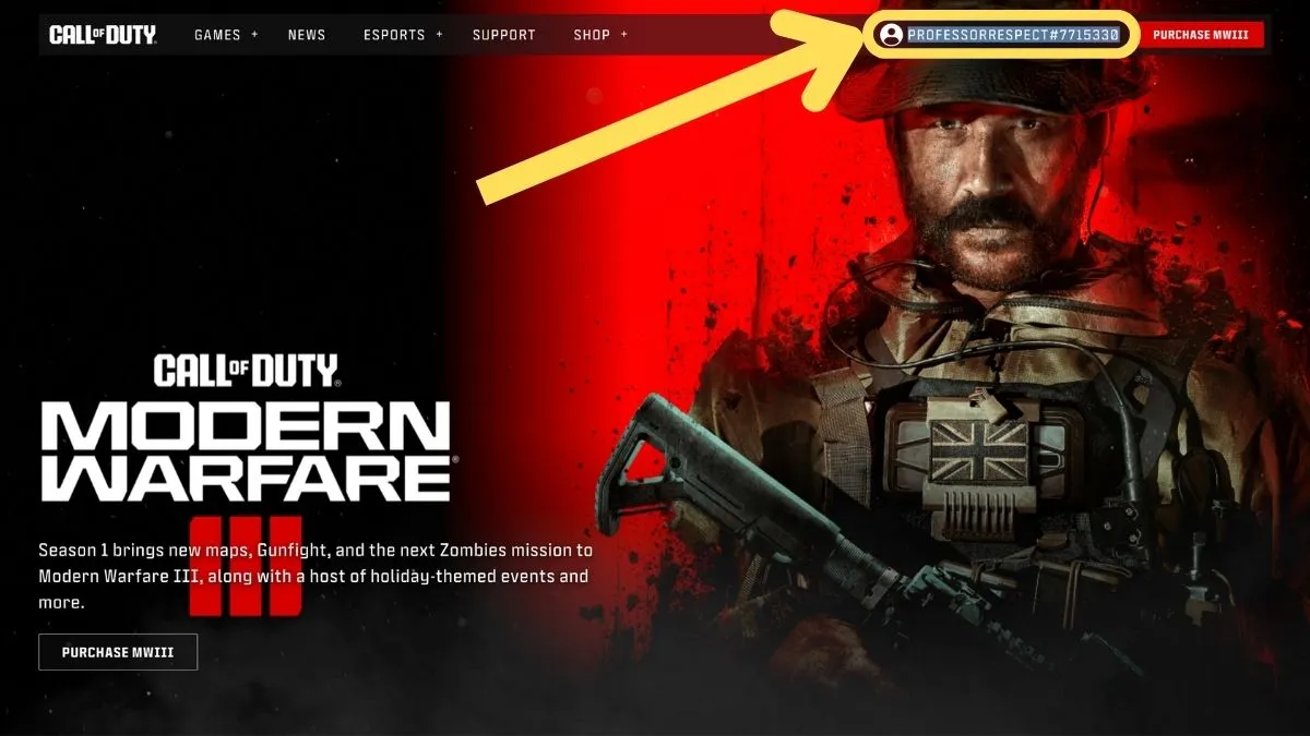 Highlighting Activision ID n top right of homepage of Call of Duty Website