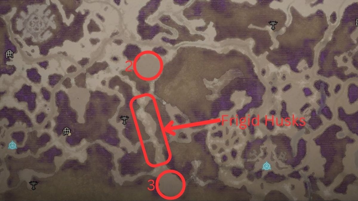Highlighting Frigid Husks location between events on the map for the Midwinter Blight in Diablo 4 Season 2