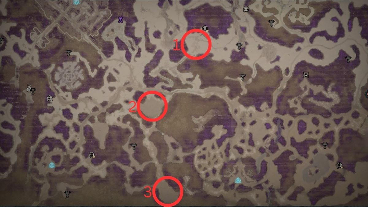 Highlighting three event areas for best farming method for the Midwinter Blight in Diablo 4 Season 2