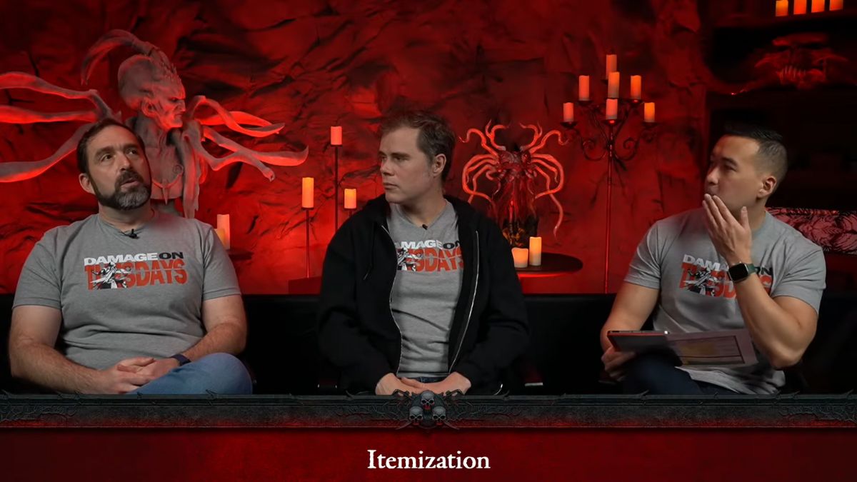 Joseph Piepiora, Joe Shely, and Adam Fletcher discussing itemization for November 30 Diablo 4 Campfire Chat