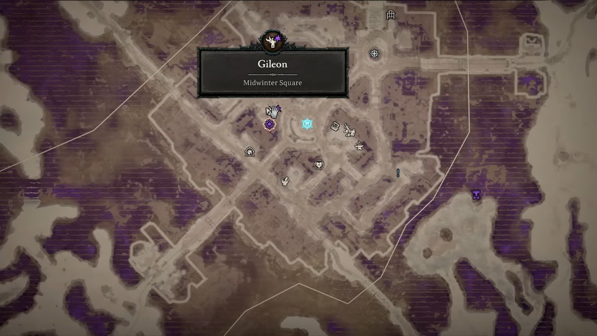 Location of Gileon on the map in Kyovashad during the Midwinter Blight event in Diablo 4 Season 2