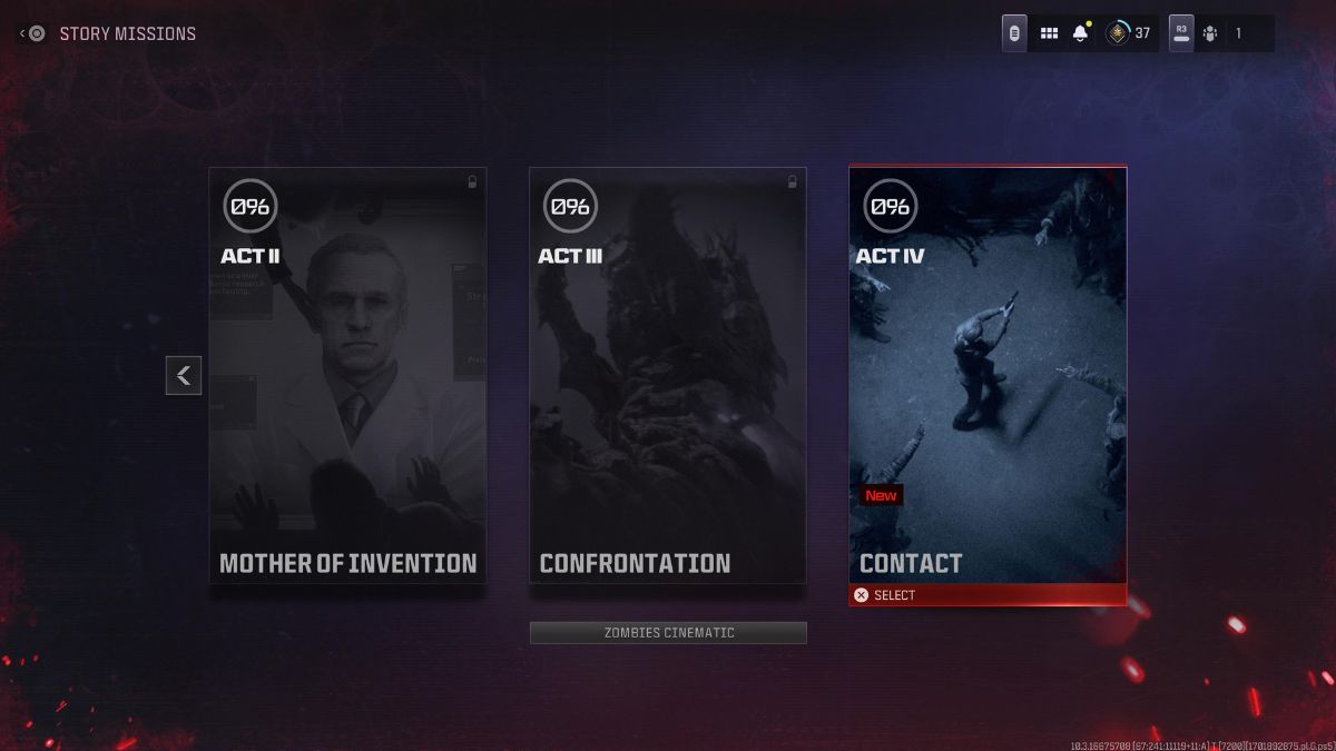 MW3 Zombies Mission Select screen choosing Act 4 Contact