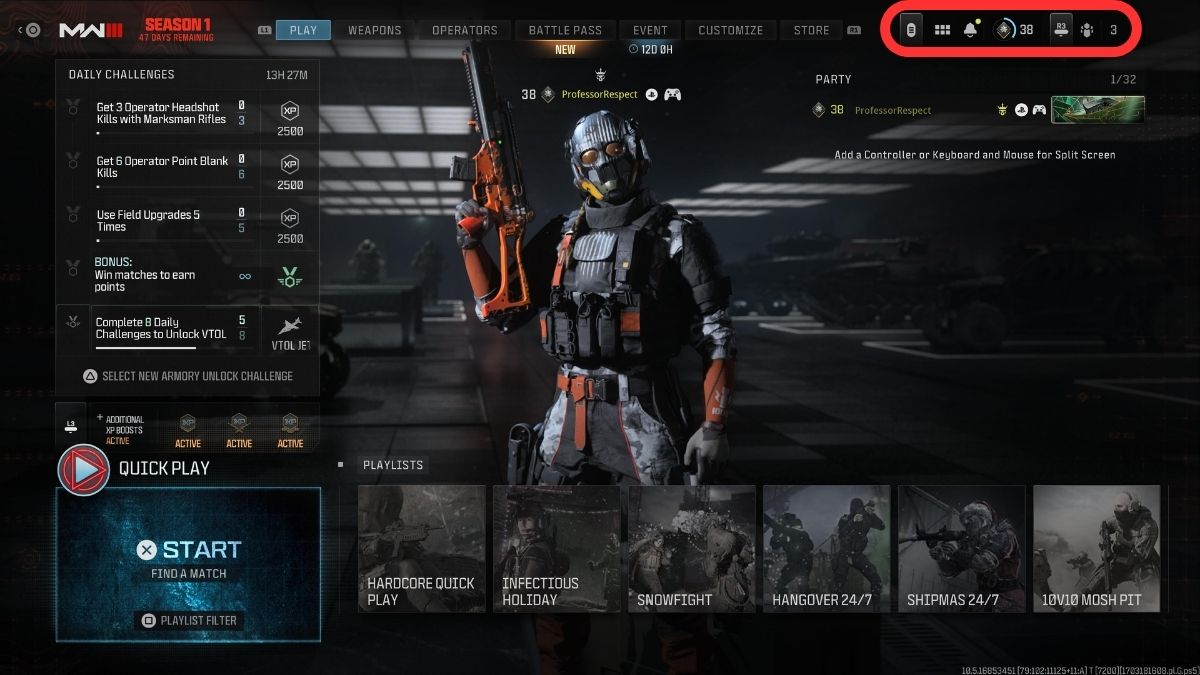 MW3 multiplayer menu screen, showing top right menu icons