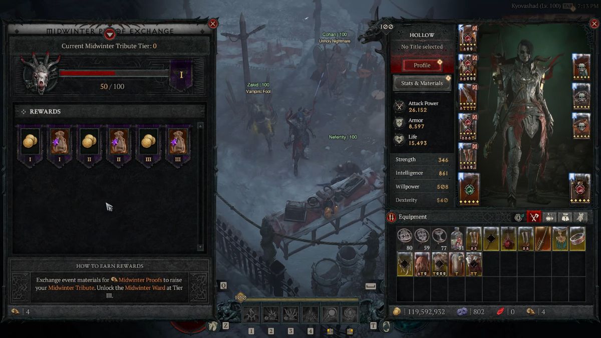 Midwinter Tribute Tier stats at the Collection's Table in the Midwinter Square during the Midwinter Blight in Diablo 4 Season 2