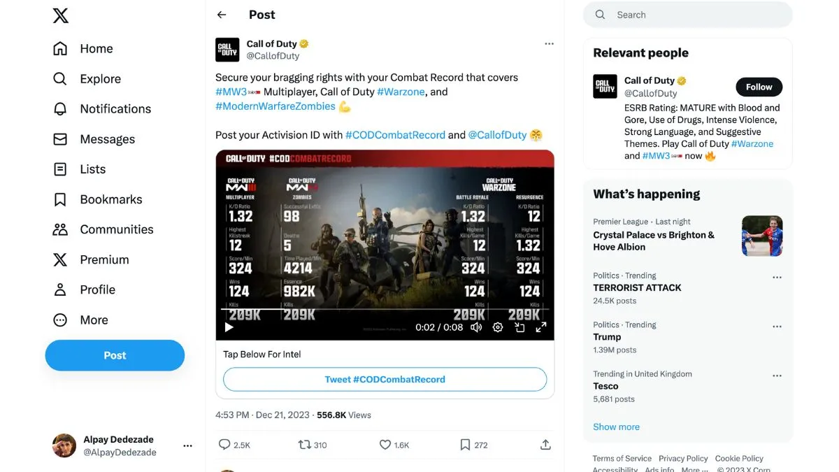 Official Call of Duty Twitter page for Combat Record