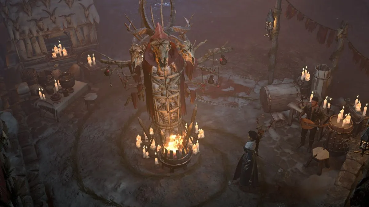 Player standing next to Midwinter Totem and Gileon in the Midwinter Square during Midwinter Blight event in Diablo 4 Season 2