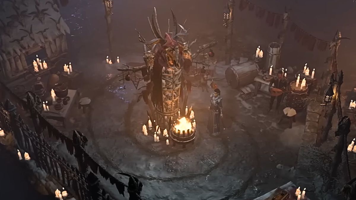 Player standing next to the Totem of Midwinter during the Midwinter Blight Season 2 event for Diablo 4