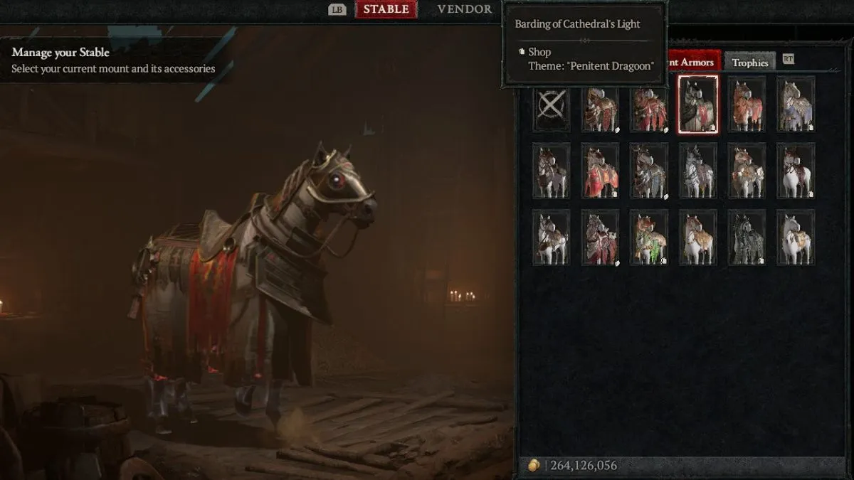 Selecting Barding of Cathedral's Light Mount Armor in the Stable in Diablo 4