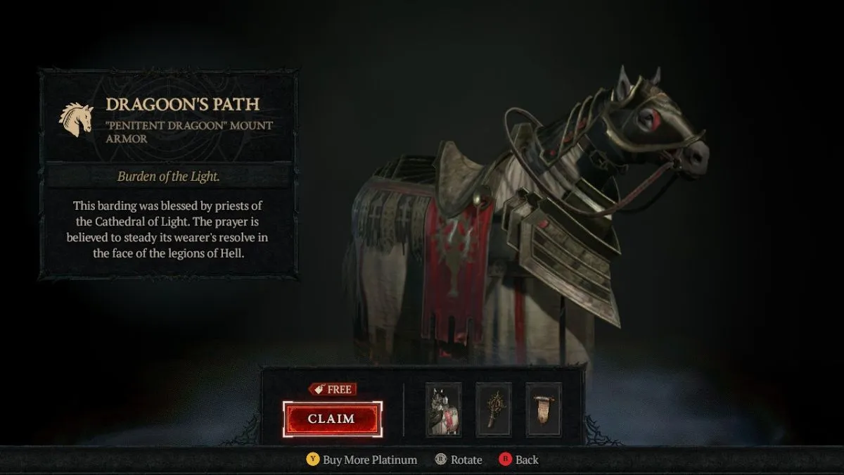 Selecting Claim for Dragoon's Path Mount Armor Bundle in cosmetics store in Diablo 4