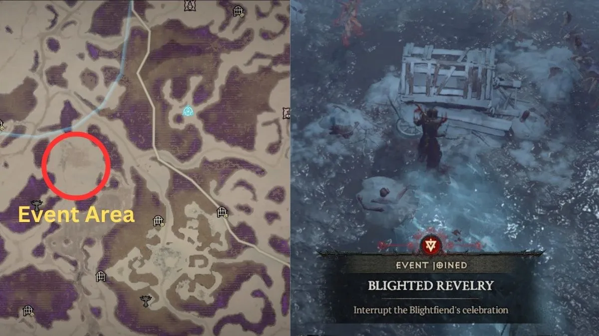 Showing Blighted Revelry event area on map and in-game during Midwinter Blight Event in Diablo 4 Season 2