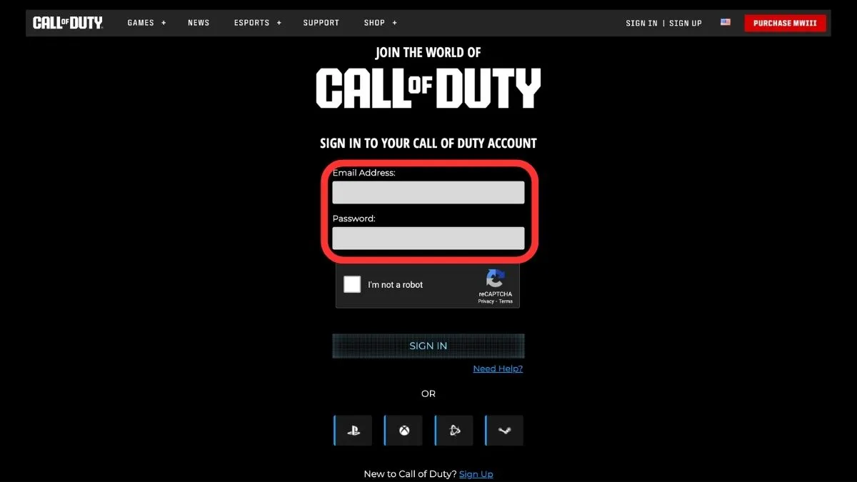 sign in page for Official Call of Duty website