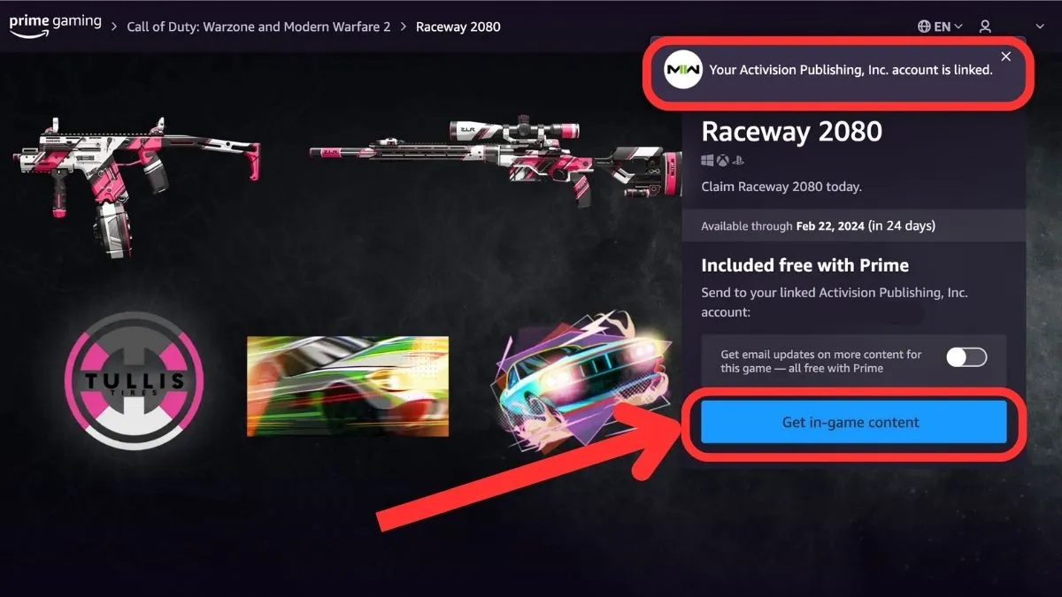 Notificación de enlace de cuenta para Activision y botón para obtener contenido del juego en la página de Raceway 2080 para el paquete de recompensas de Amazon Prime Gaming para MW2, MW3 y Warzone