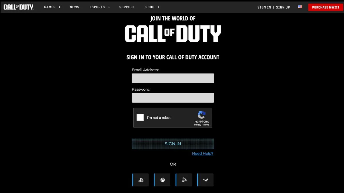 Call of Duty account sign in page
