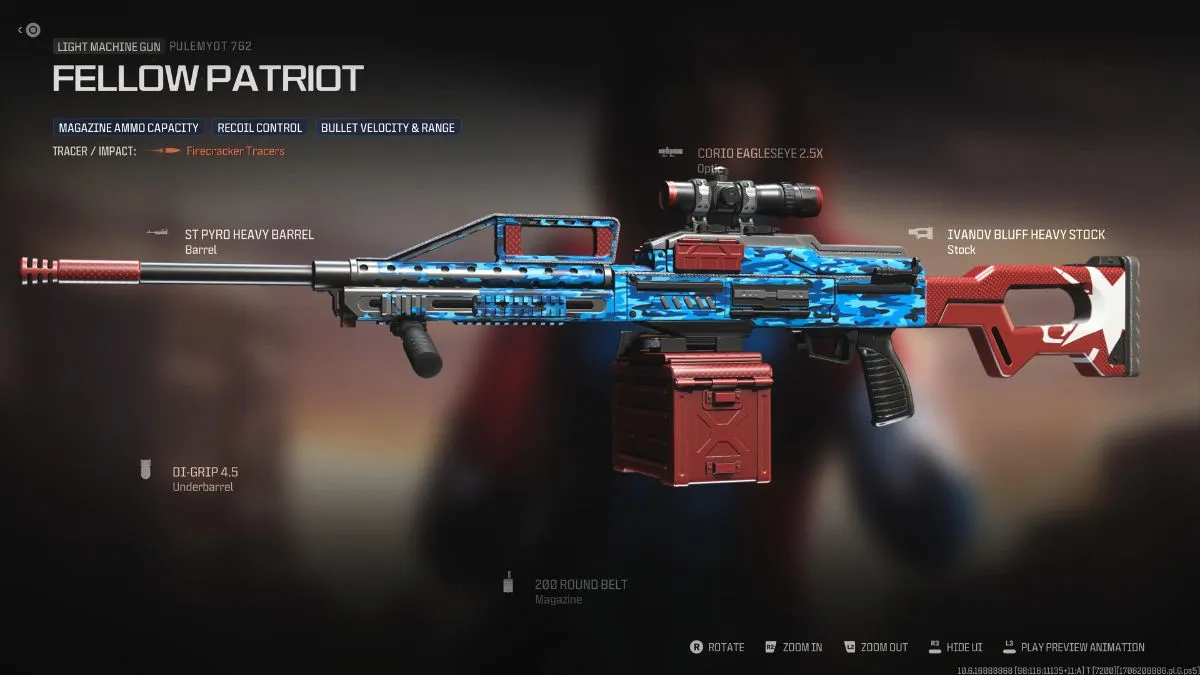 “Fellow Patriot” LMG Blueprint for the Pulemyot 762 in Firecracker Operator bundle in MW3