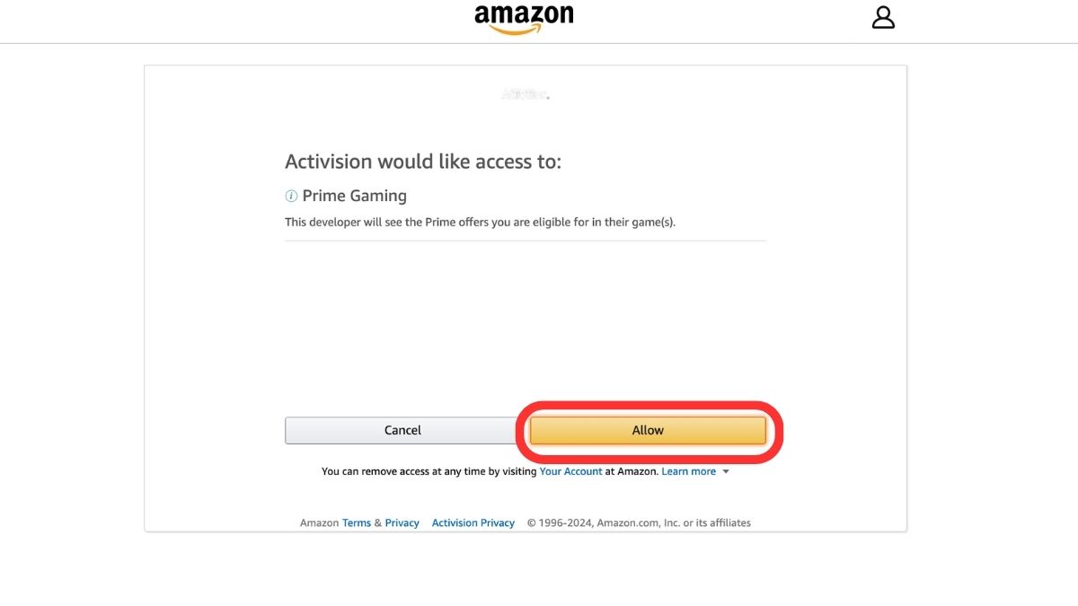 Highlighting Allow button to linkAmazon Prime Gaming and Activision accounts