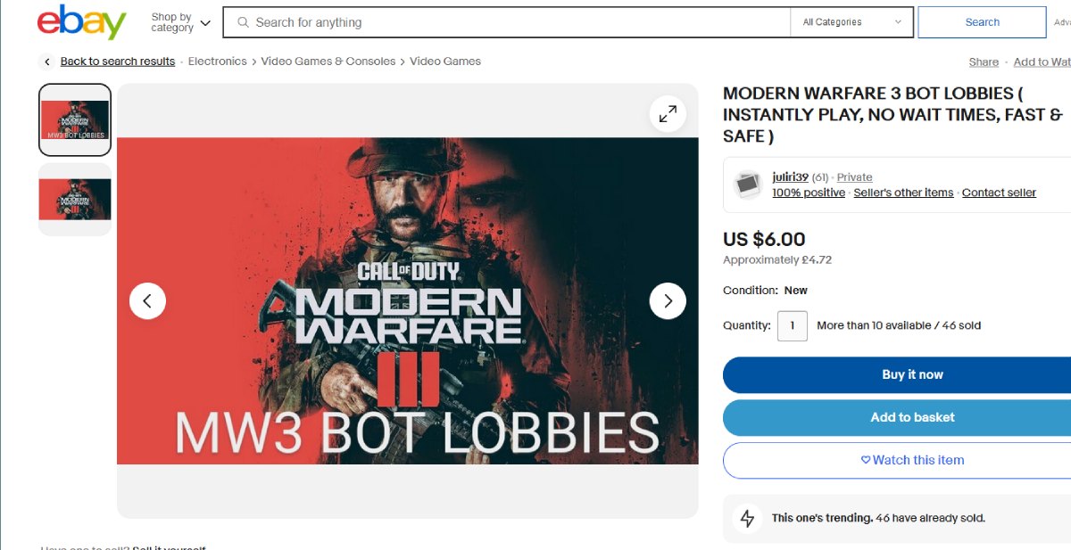 MW3 Bot Lobbies eBay Listing
