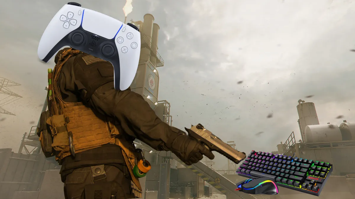 Photoshopped image of Dualsense over MW3 Operator's face aiming at mouse and keyboard image